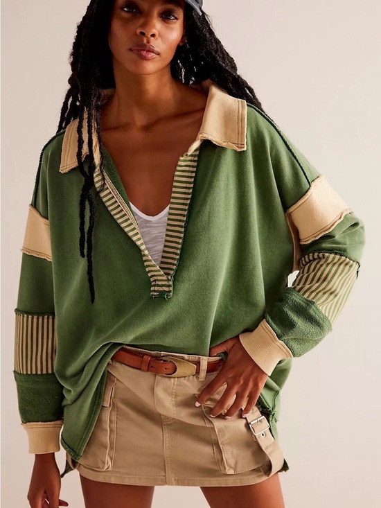 We The Free Tops - We The Free Olive Green and Cream Collared Pullover